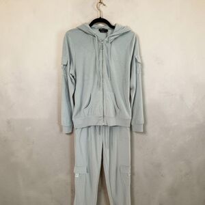 BCBG Women's Light Blue Hooded Zip Cargo Jogger Set